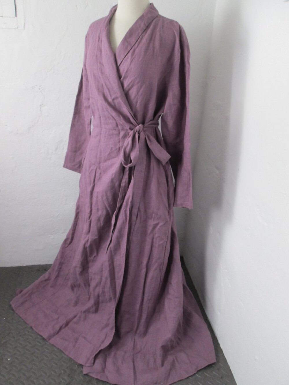 New VISIBLE ART Purple A-Line Sweeping Maxi Wrap Dress 100% Linen Women's XL